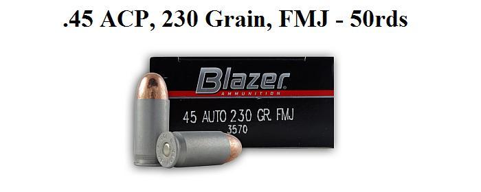 45 ACP, 230 Grain, FMJ, CCI Blazer, 50 Round Box