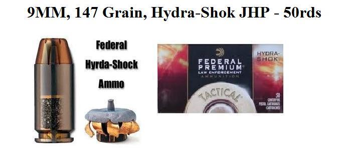 9MM, 147 Grain Hydra-Shok Ammo, 50 Round Box