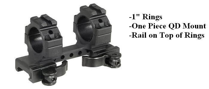 AR-15 QD One Piece 1" Scope Mount w/Accessory Rails on Top of Rings