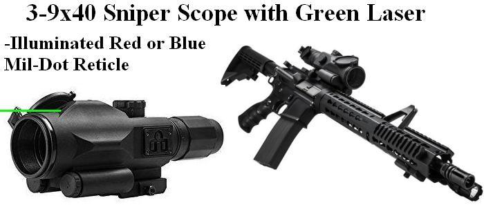 Tactical 3-9x40 Mil-Dot Illuminated Red/Blue Reticle Scope with Green Laser