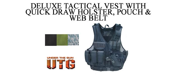 "Deluxe Tactical Vest With Quick Draw Holster, Pouch & Web Belt (Olive Drab.)"